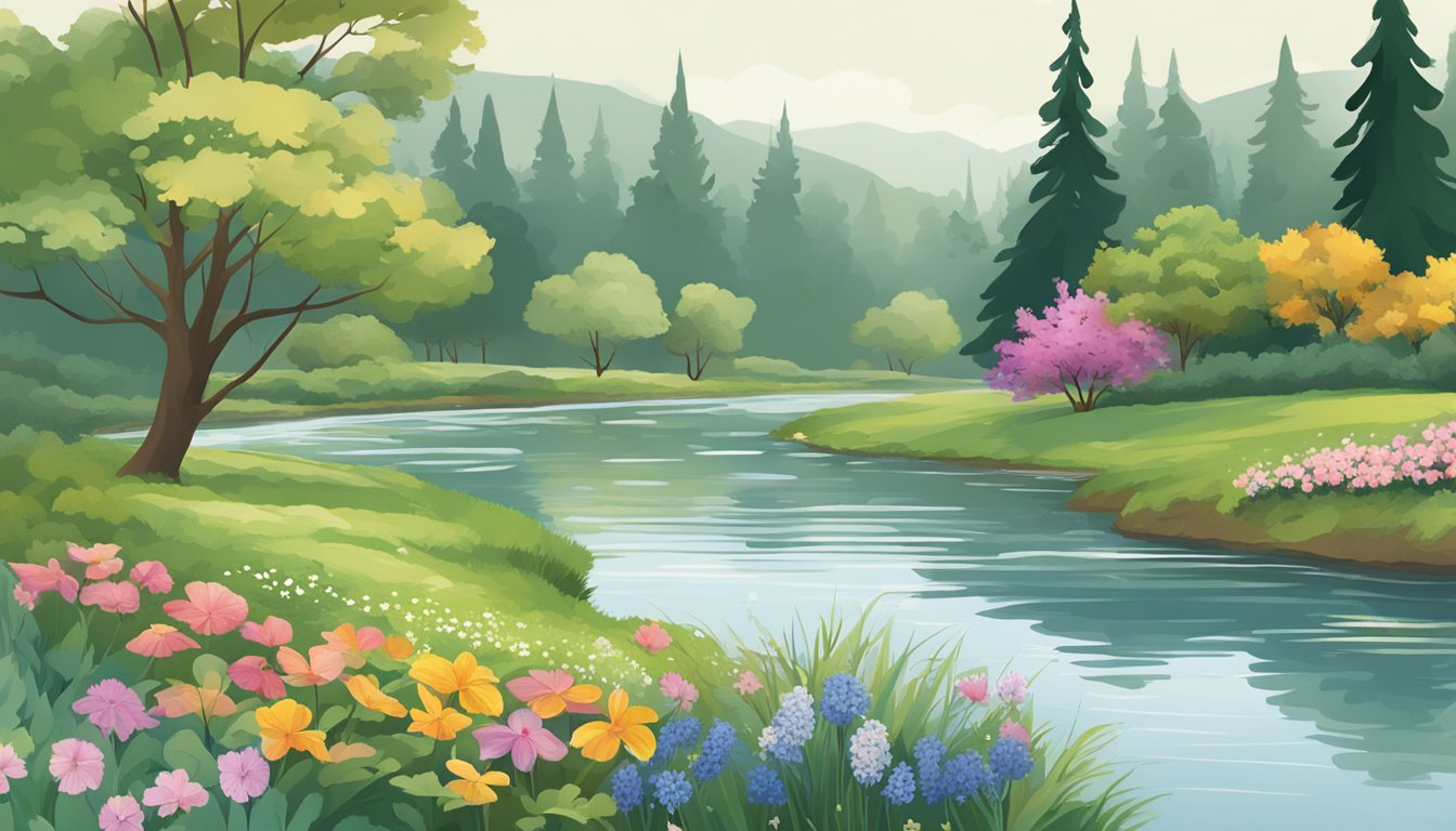 A serene river flowing through a lush landscape with a variety of trees and flowers, representing the multi-generational aspect of water burial plans for families