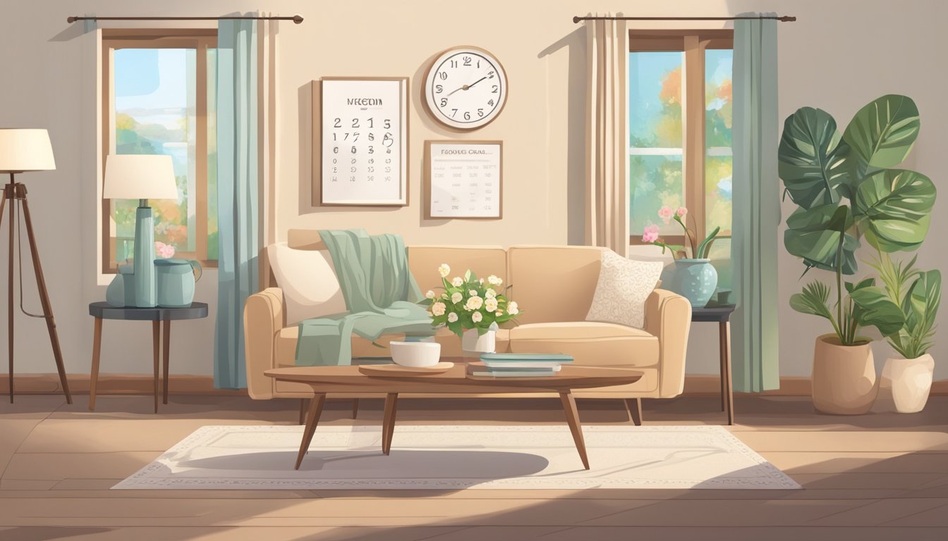 A cozy living room with soft lighting, a comfortable armchair, and a table with a vase of fresh flowers. A pair of eyeglasses and a vision chart are displayed on the table