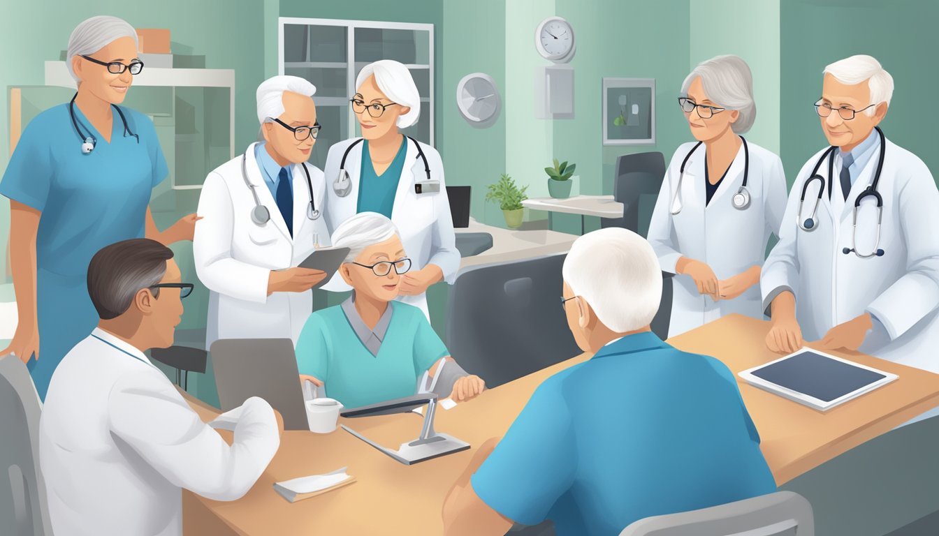 A group of healthcare professionals collaborate, each with a specific role, to support vision care for elderly patients in a home-based setting