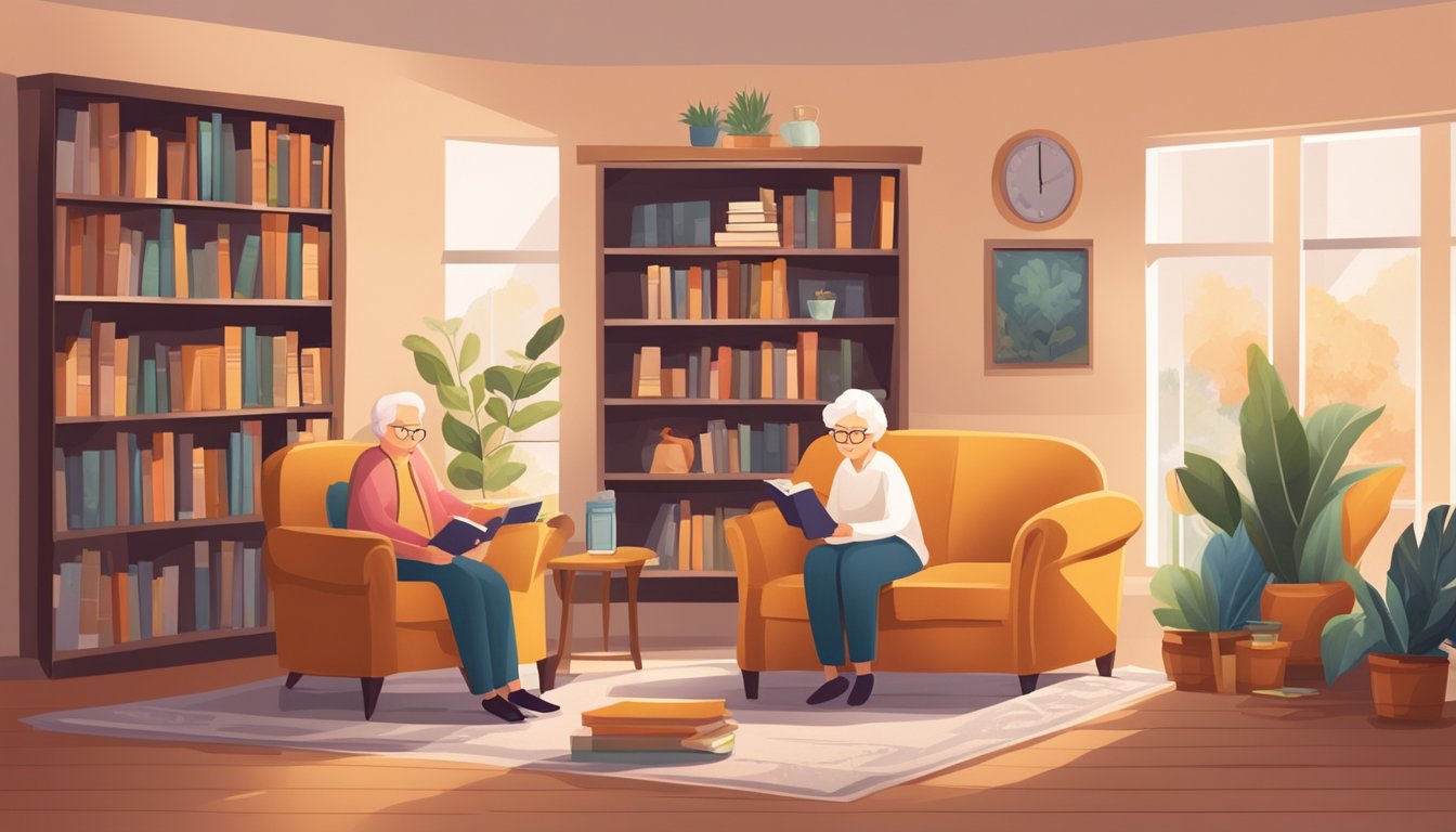 A cozy living room with a senior receiving vision care support from a caregiver. Shelves filled with books and a warm, inviting atmosphere