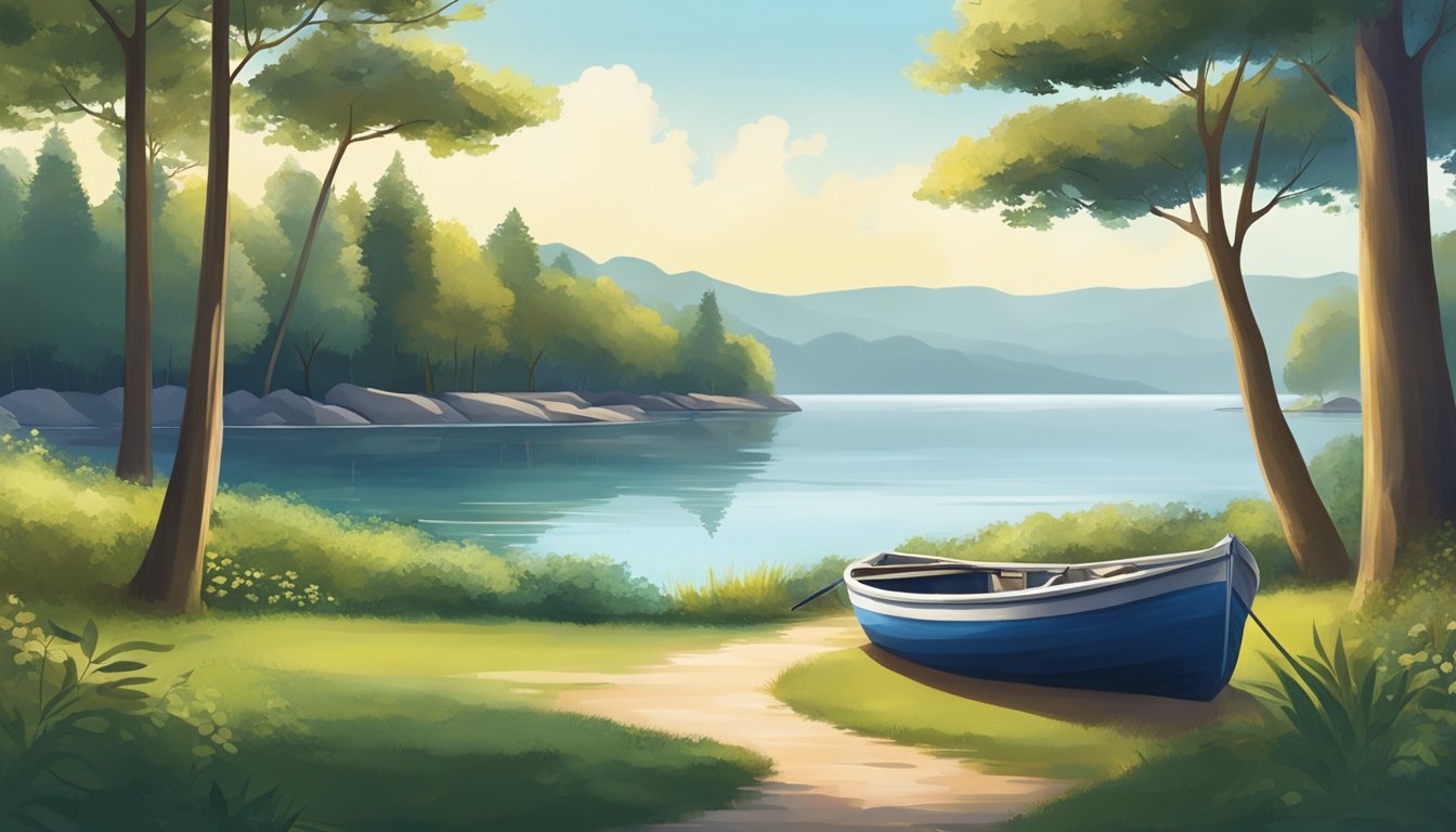 A serene waterfront setting with a tree-lined shore, calm waters, and a clear blue sky. A small boat is floating on the water, surrounded by nature