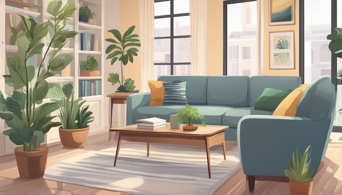 A cozy living room with a large window, filled with natural light and potted plants. A pair of eyeglasses sit on a nearby table next to a book about vision care