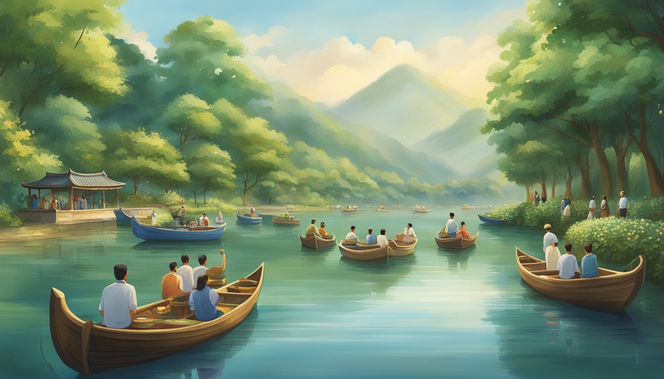 A serene river with small boats carrying urns, surrounded by lush greenery and family members paying their respects