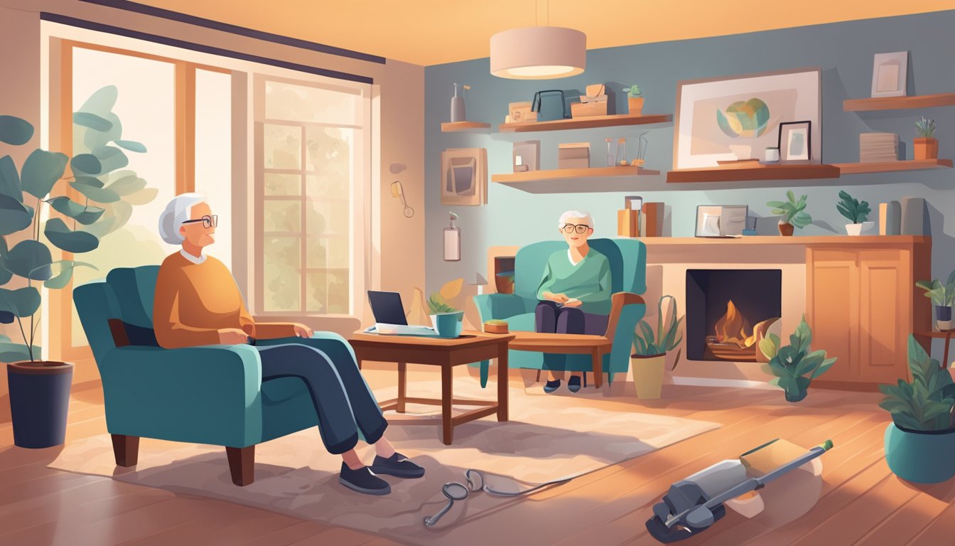 A cozy living room with a senior individual sitting comfortably in a chair, surrounded by various vision care tools and devices. A caregiver is nearby, assisting with the use of the equipment