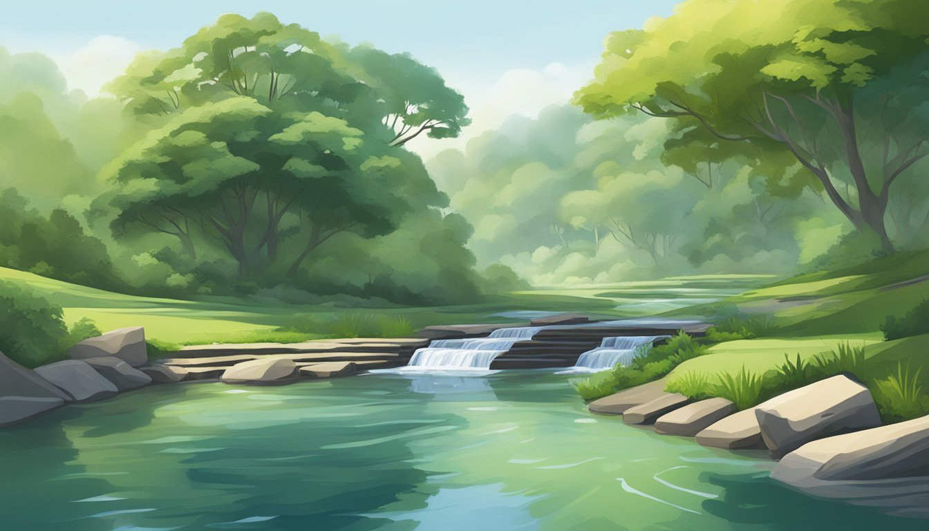 A serene, flowing river surrounded by lush greenery, with a modern, multi-level water burial structure in the distance