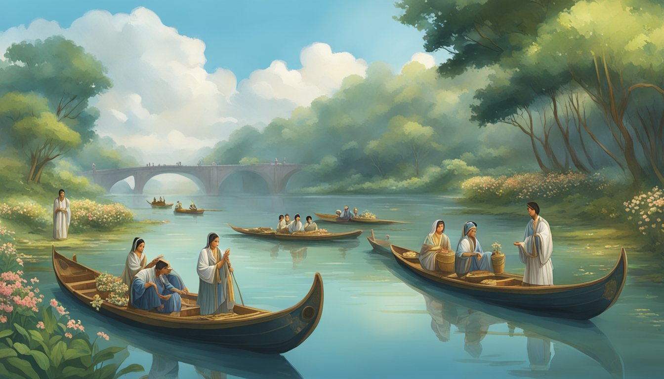 A serene riverbank with mourners releasing flower-filled boats into the water, surrounded by lush greenery and ancient ceremonial artifacts