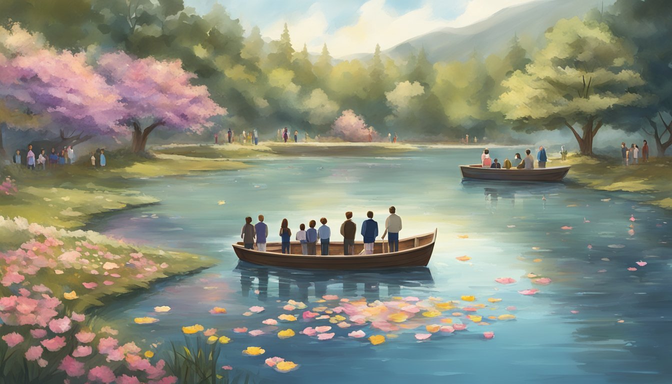 A serene waterfront setting with a family gathered around a boat, scattering flower petals into the water as part of a multi-generational water burial ceremony