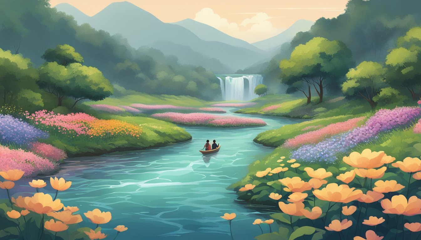 A serene river flowing through a lush landscape, adorned with floating flowers and surrounded by mournful yet peaceful onlookers