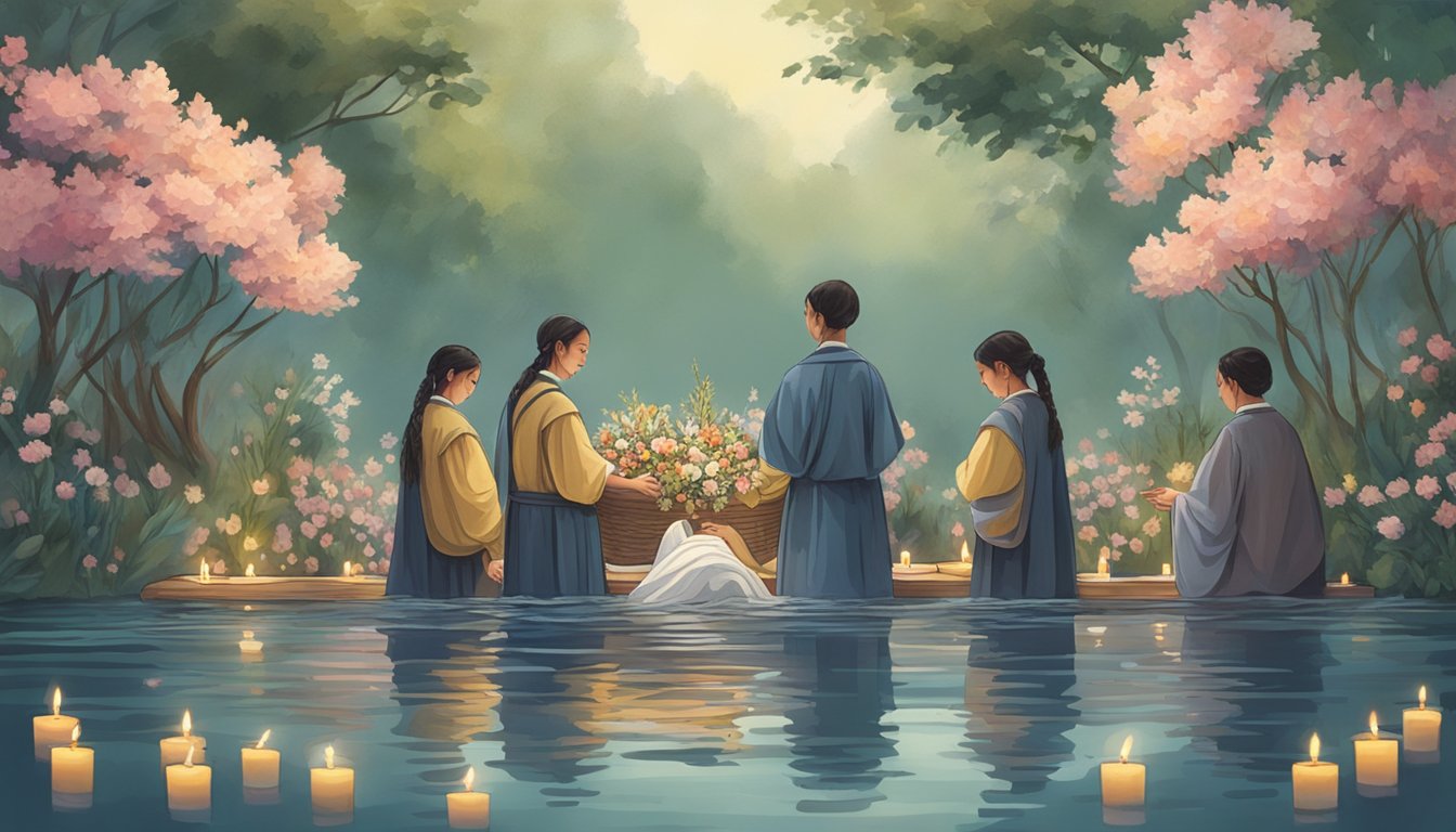 A group of figures gather around a body floating in calm water, surrounded by flowers and candles, as they perform a traditional water burial ceremony