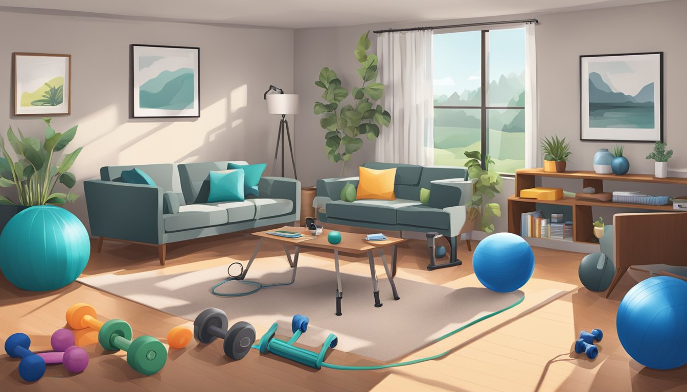 A cozy living room with a variety of exercise equipment and mobility aids, including resistance bands, hand weights, and a stability ball