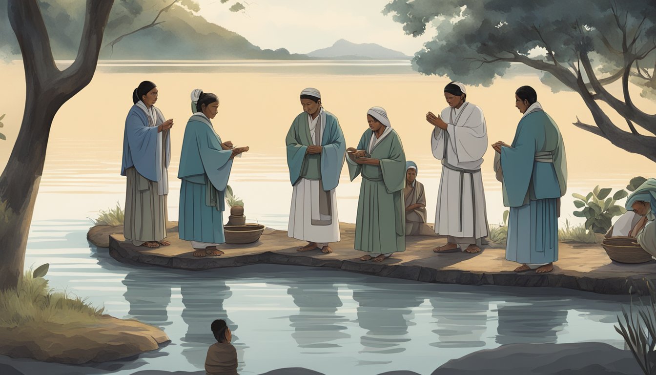 A group of figures gather around a serene body of water, performing traditional rituals and storytelling as they prepare for a water burial ceremony