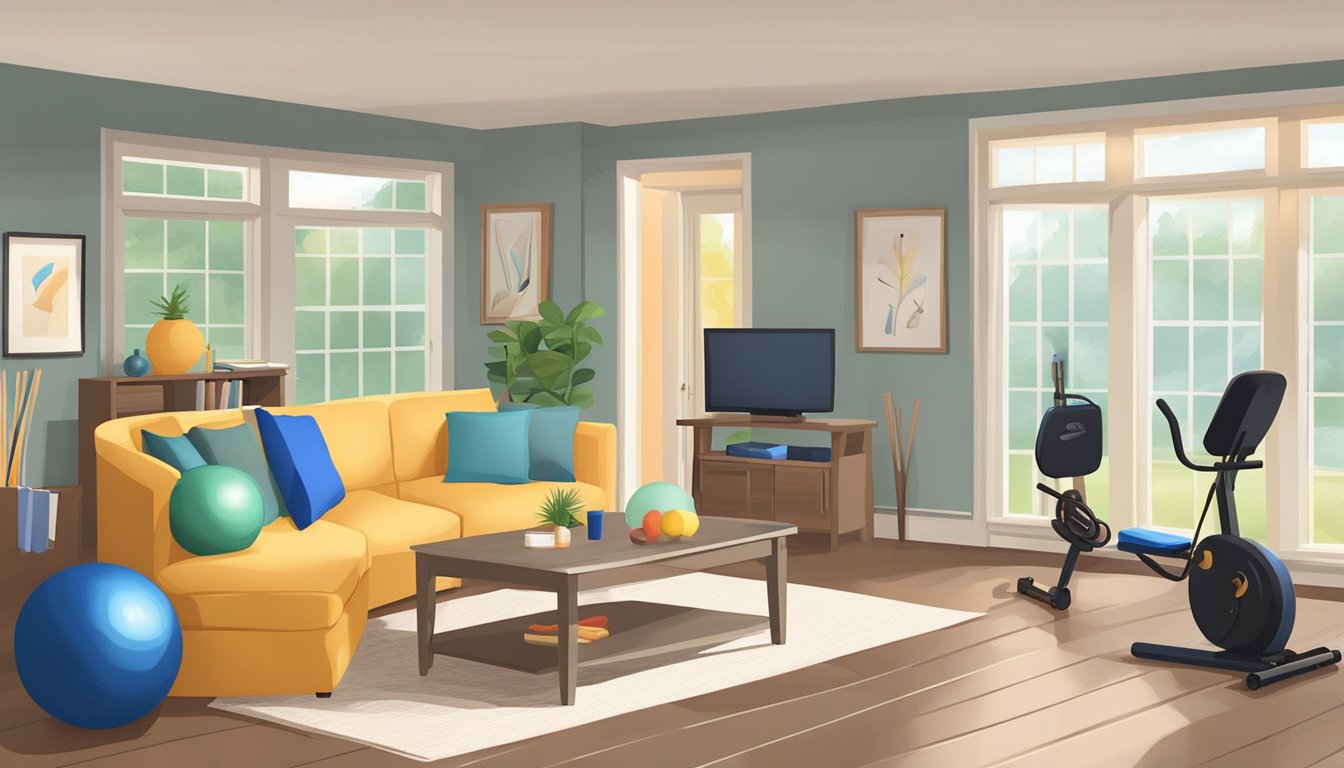 A cozy living room with a variety of exercise equipment, including resistance bands, balance balls, and hand weights, set up for physical therapy sessions for seniors