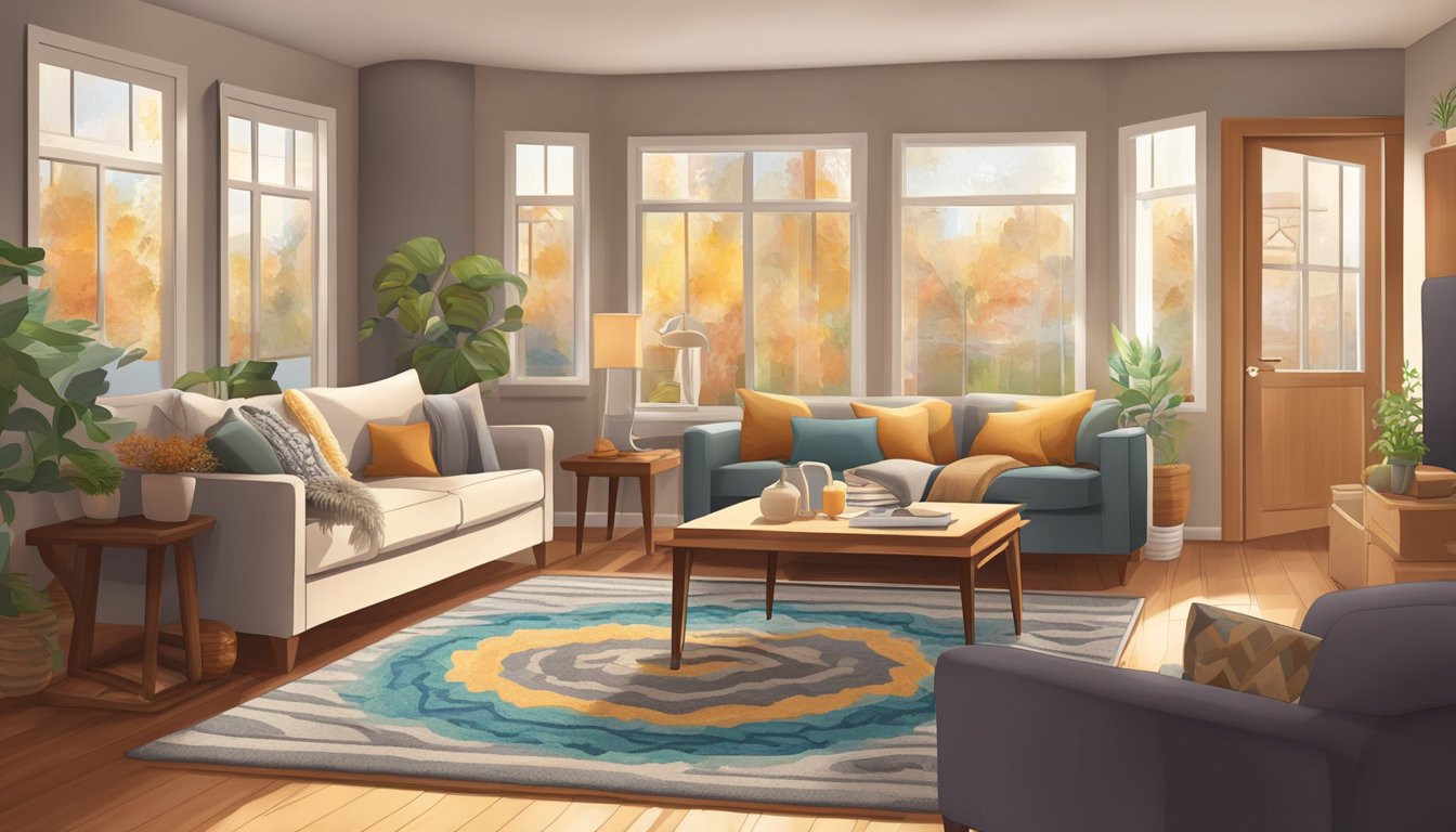 A cozy living room with a variety of fall prevention aids such as non-slip rugs, grab bars, and well-lit pathways for regular physical activity