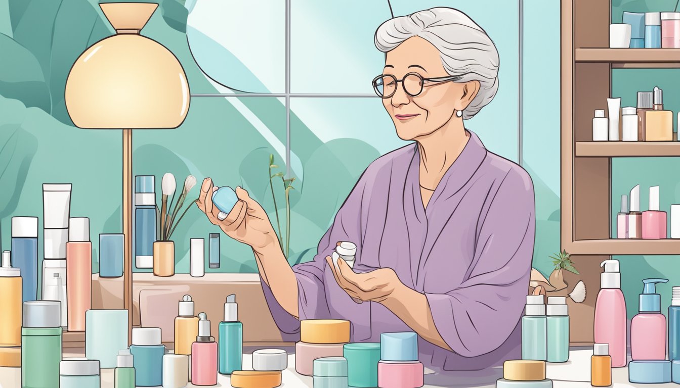 A serene elderly person sitting at a well-lit vanity, surrounded by various skincare products and tools, applying moisturizer to their hands