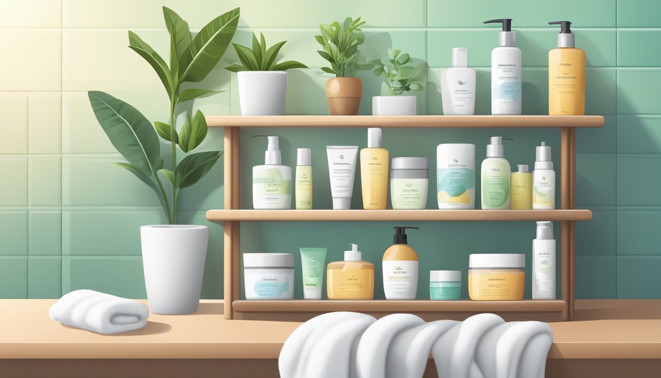 A cozy bathroom shelf with various skincare products neatly arranged, including cleansers, moisturizers, and sunscreen, alongside a soft towel and a potted plant for a soothing atmosphere