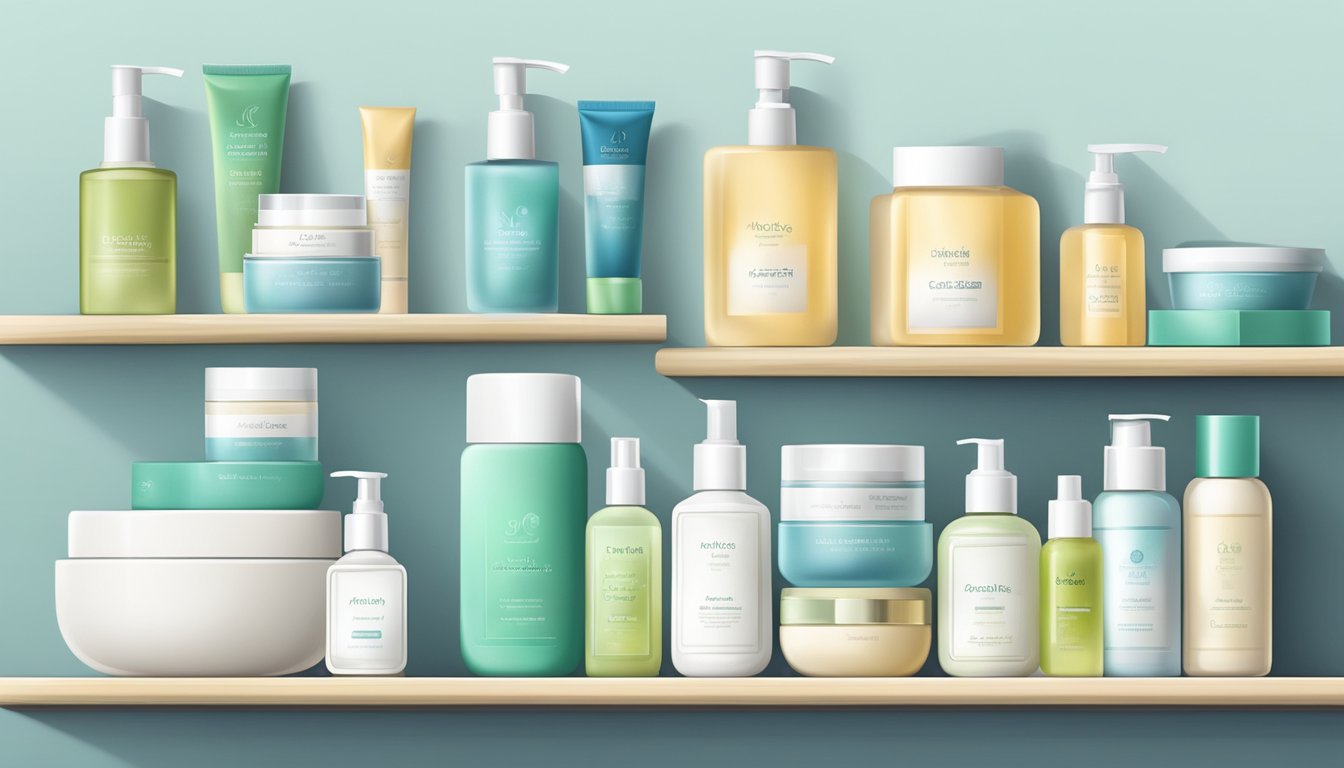 A serene bathroom shelf with a variety of skincare products, including cleansers, moisturizers, and face masks, neatly arranged and ready for use