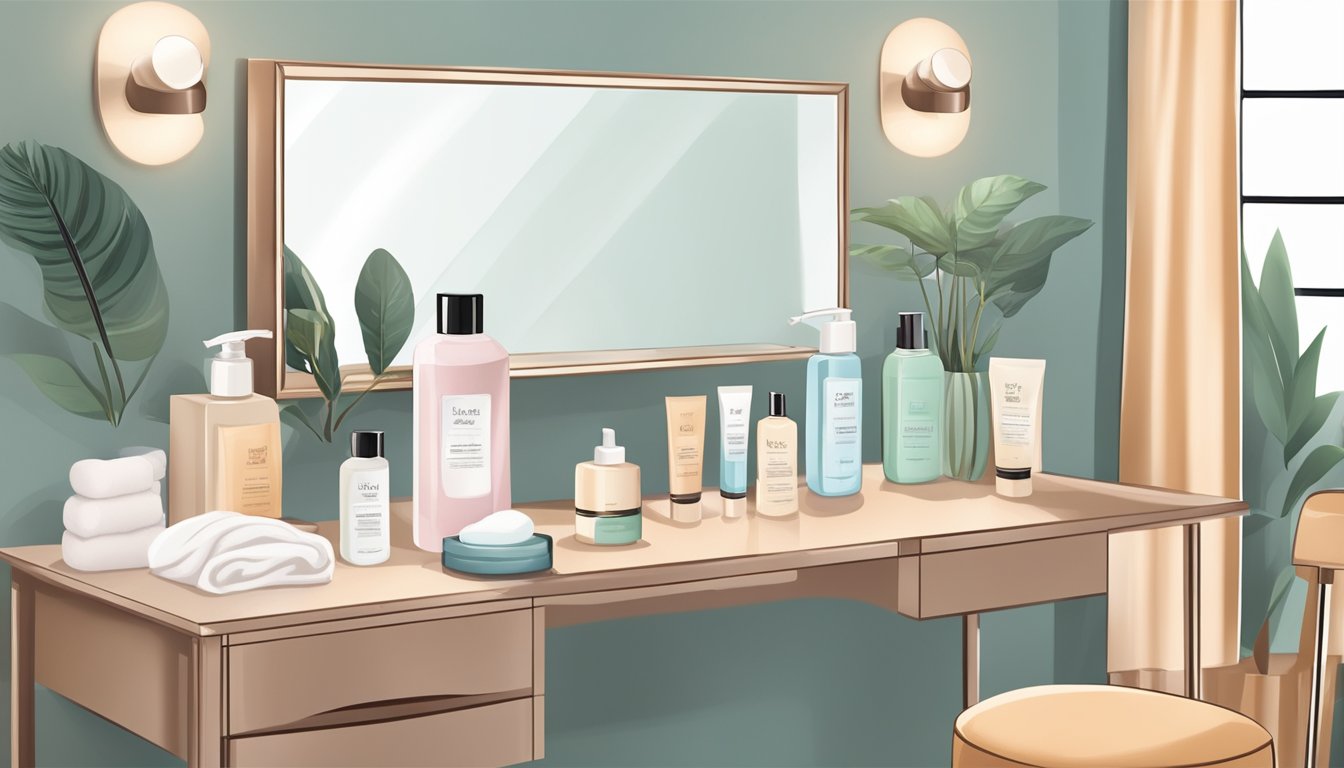 A table with various skincare products arranged neatly, alongside a mirror and a comfortable chair. A soft towel and a gentle cleansing brush are also present