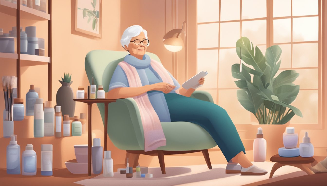 A serene elderly person sits in a cozy chair, surrounded by various skin care products and tools. Soft lighting creates a calming atmosphere for their home-based skin care routine