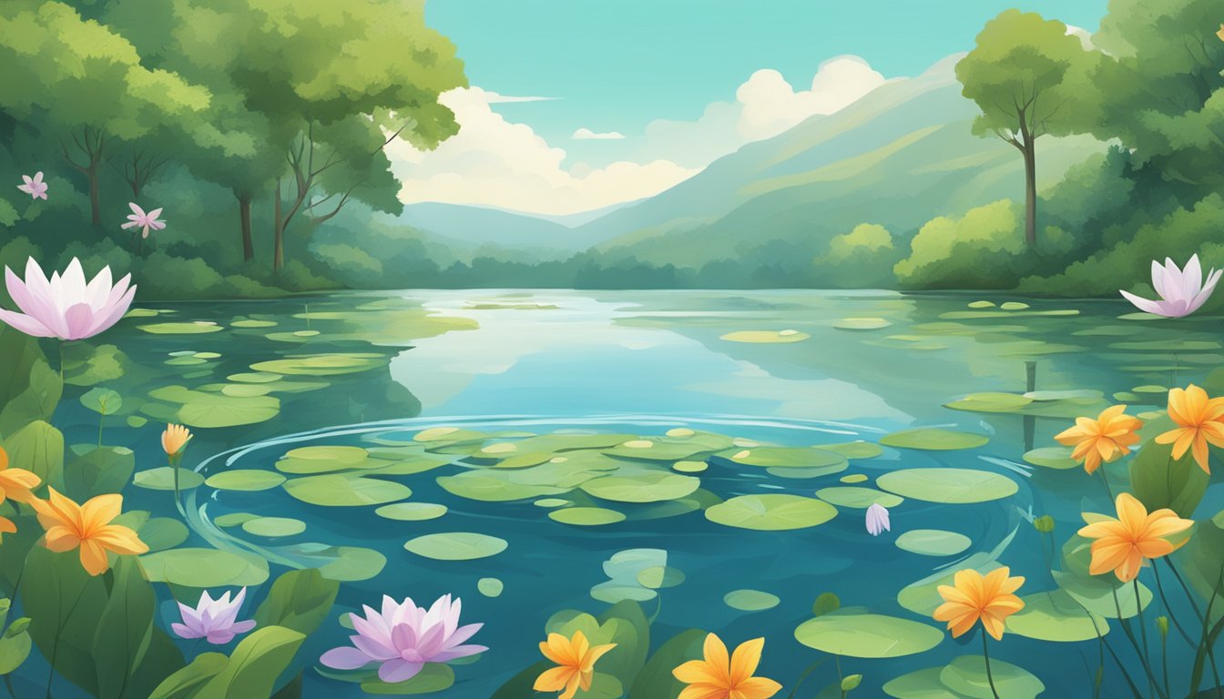 A serene lake surrounded by lush greenery, with biodegradable vessels floating on the water's surface, adorned with natural flowers and leaves