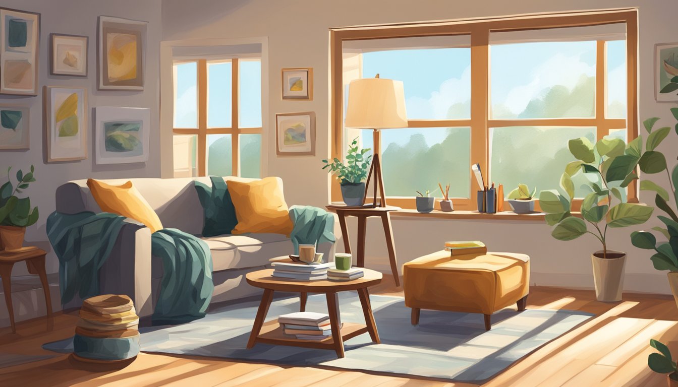 A cozy living room with a comfortable armchair and a table filled with art supplies. Soft natural lighting streams in through the window, creating a warm and inviting atmosphere for creative expression