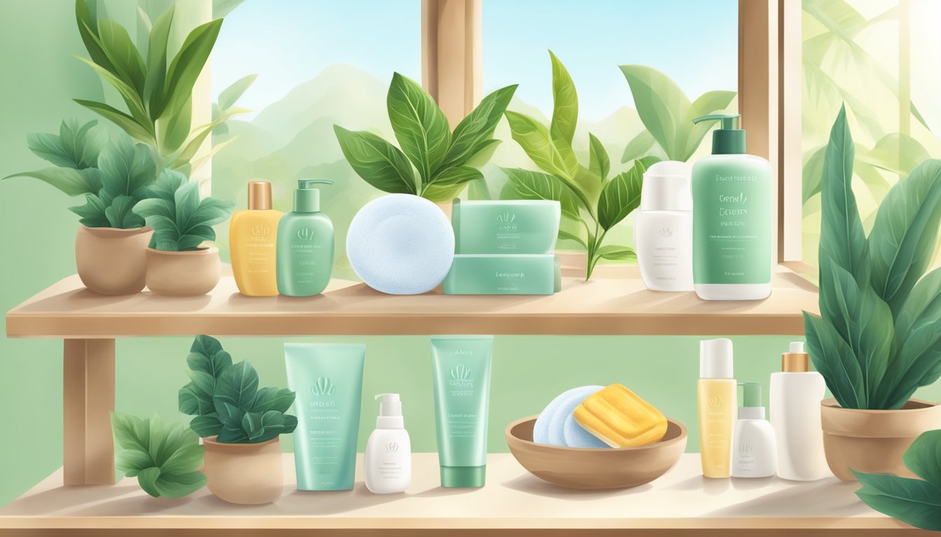 A cozy bathroom shelf with sunscreen, moisturizer, and gentle cleanser, surrounded by plants and natural light