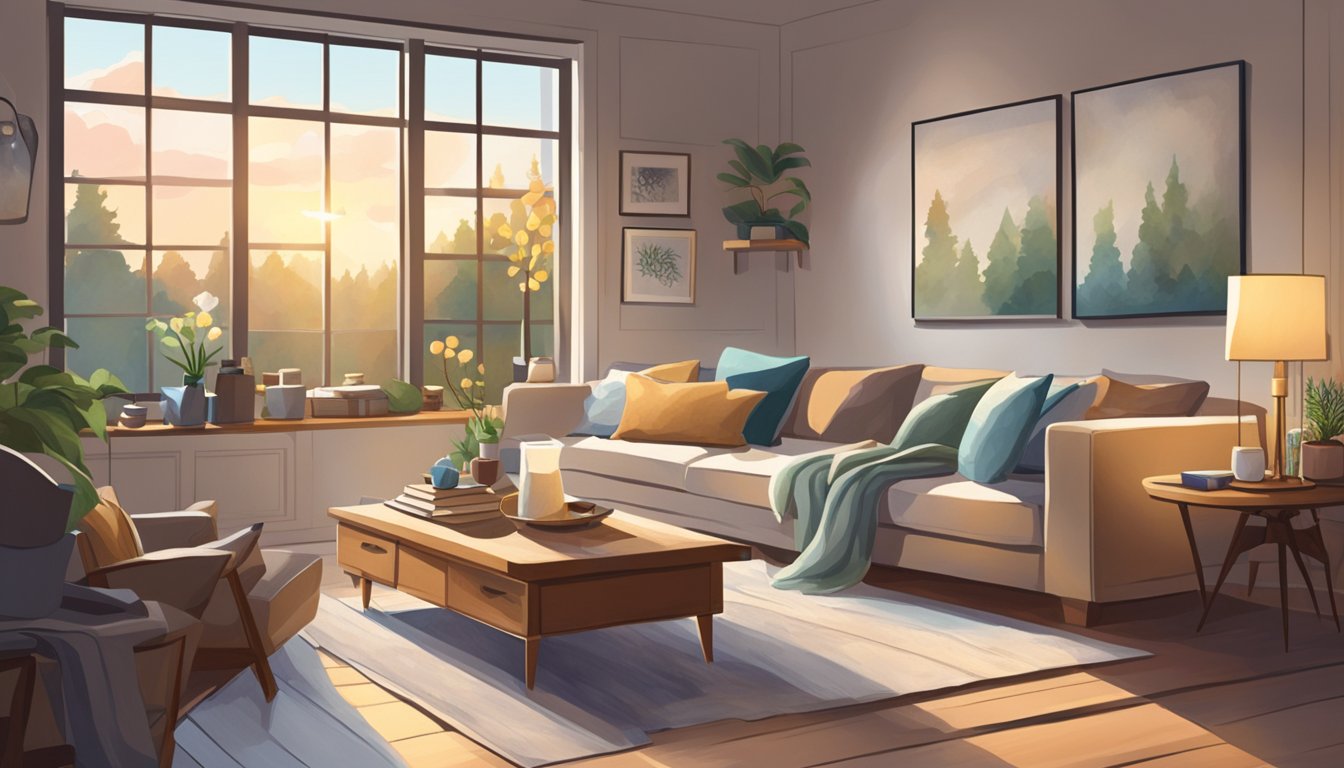 A cozy living room with a large window, comfortable seating, and a table filled with art supplies and a blank canvas. Soft lighting creates a calming atmosphere