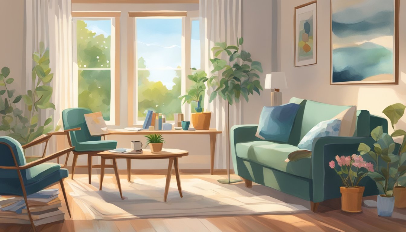 A cozy living room with art supplies scattered on a table, soft natural light streaming in through the window, and a comfortable chair for the patient