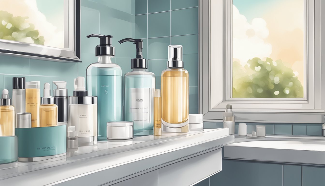 A serene bathroom counter with various skincare products neatly arranged, including active ingredients like retinol and hyaluronic acid