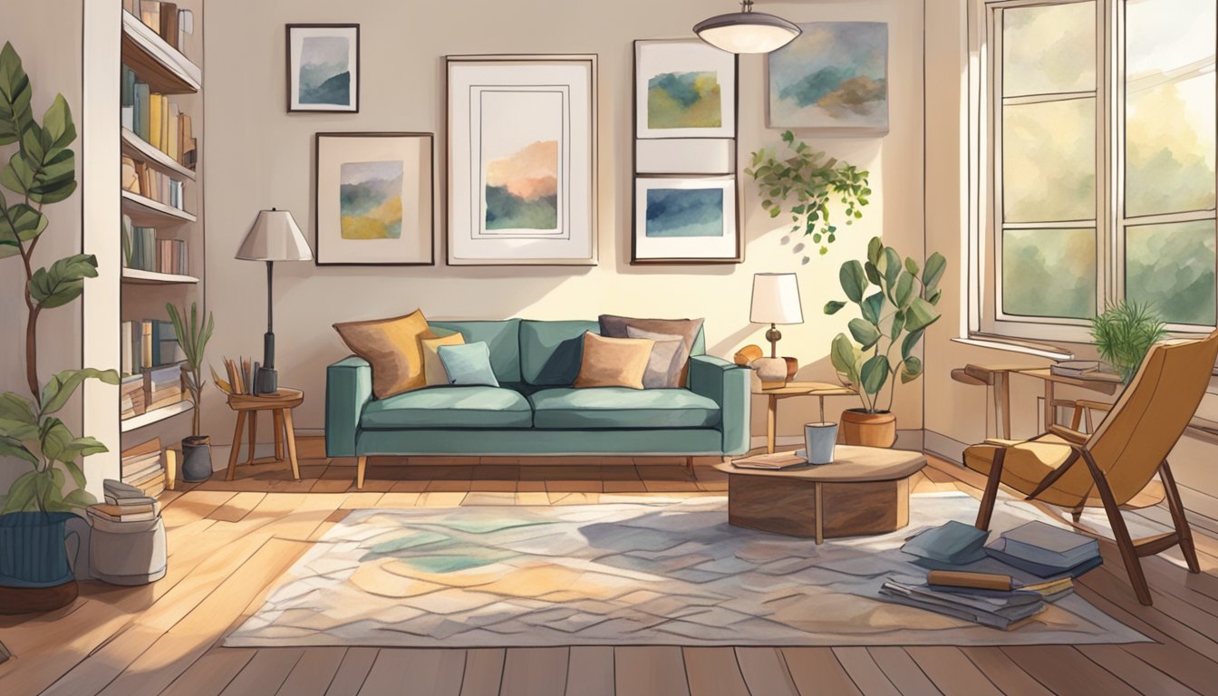 A cozy living room with art supplies scattered on a table, soft natural lighting, and a comfortable chair for creating art therapy in a home care setting