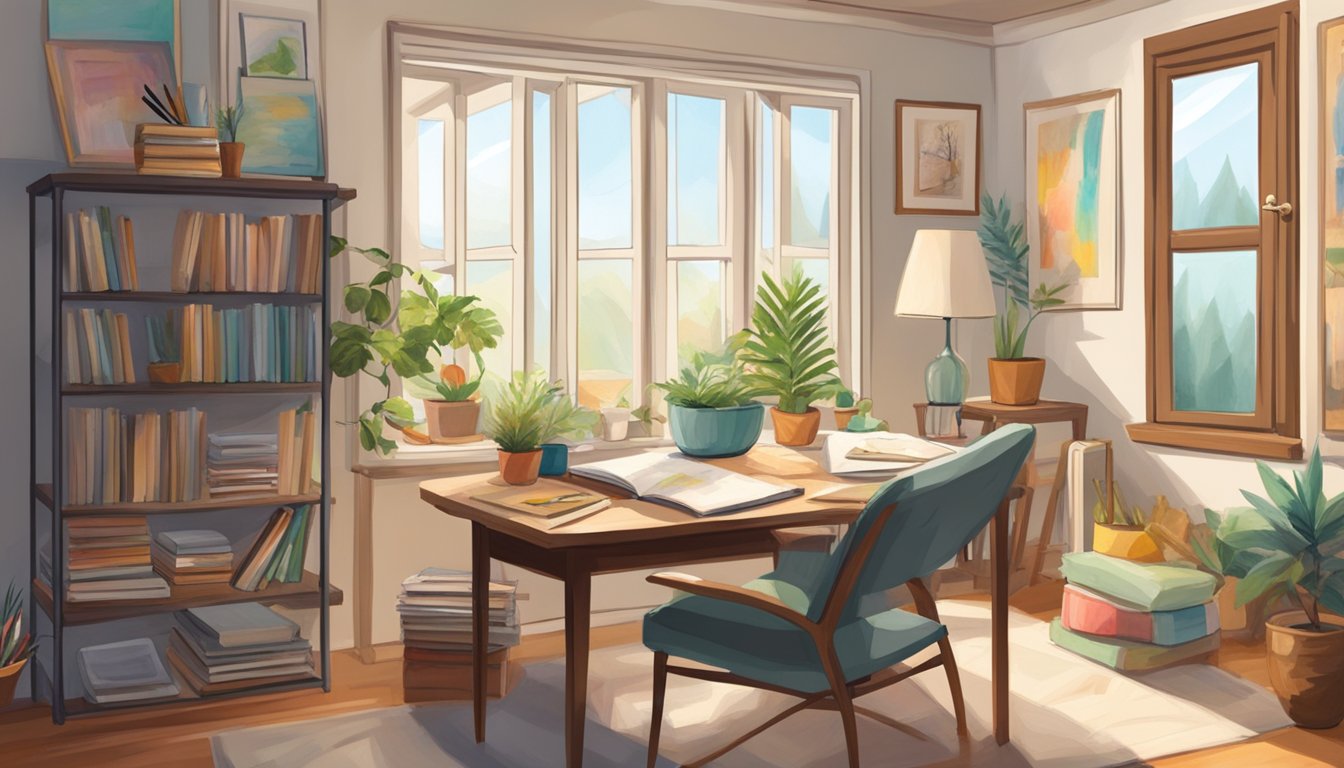 A cozy living room with a large window, filled with art supplies such as paints, brushes, and sketchbooks. A comfortable chair and table are set up for art therapy sessions