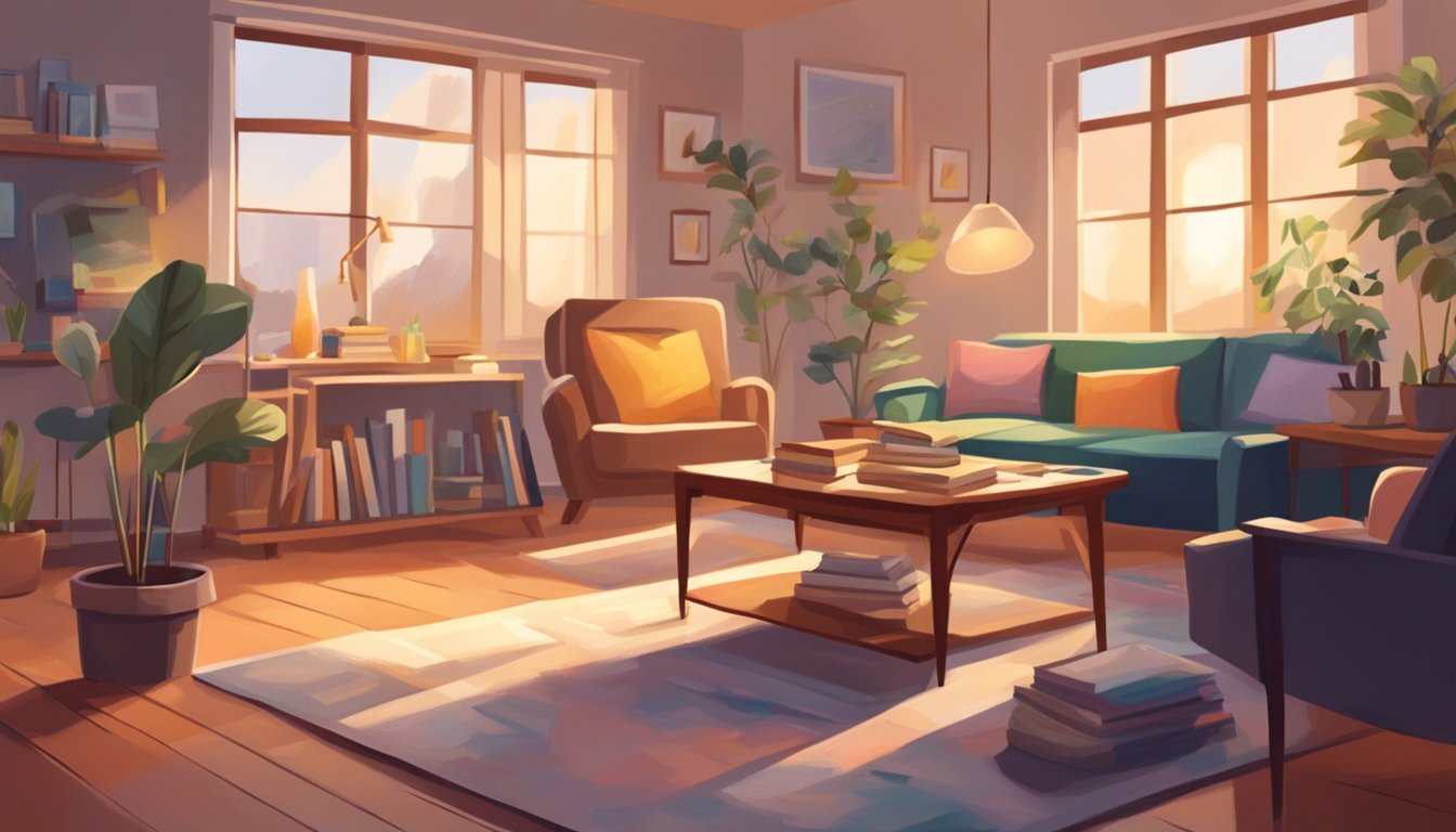 A cozy living room with art supplies scattered on a table, soft lighting, and a comfortable chair for the client. A therapist sits nearby, engaged in conversation