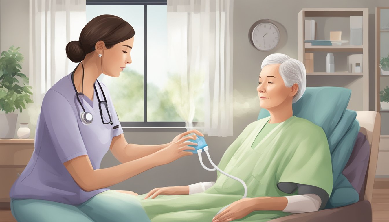 A caregiver using respiratory care techniques on a patient at home