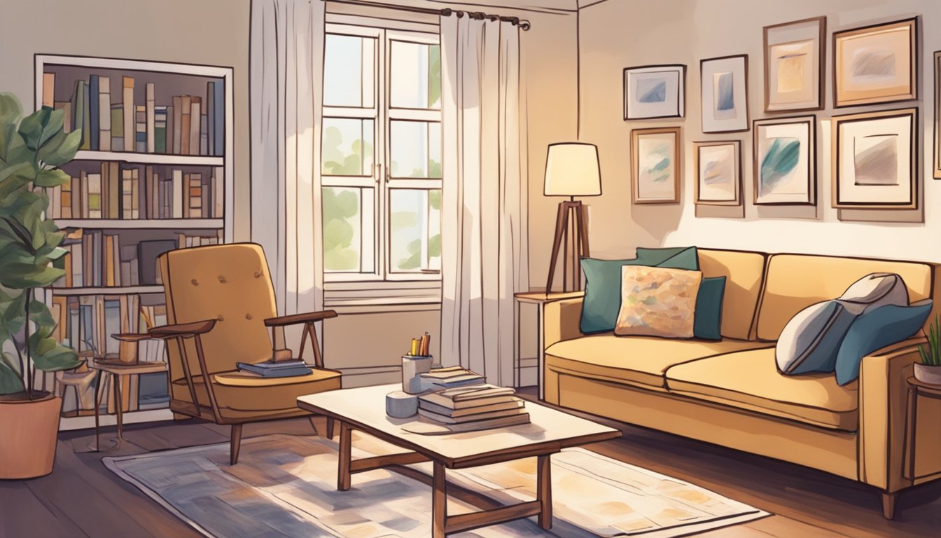 A cozy living room with art supplies scattered on a table, a comfortable chair, and soft lighting, creating a peaceful and inviting atmosphere for art therapy in a home care setting