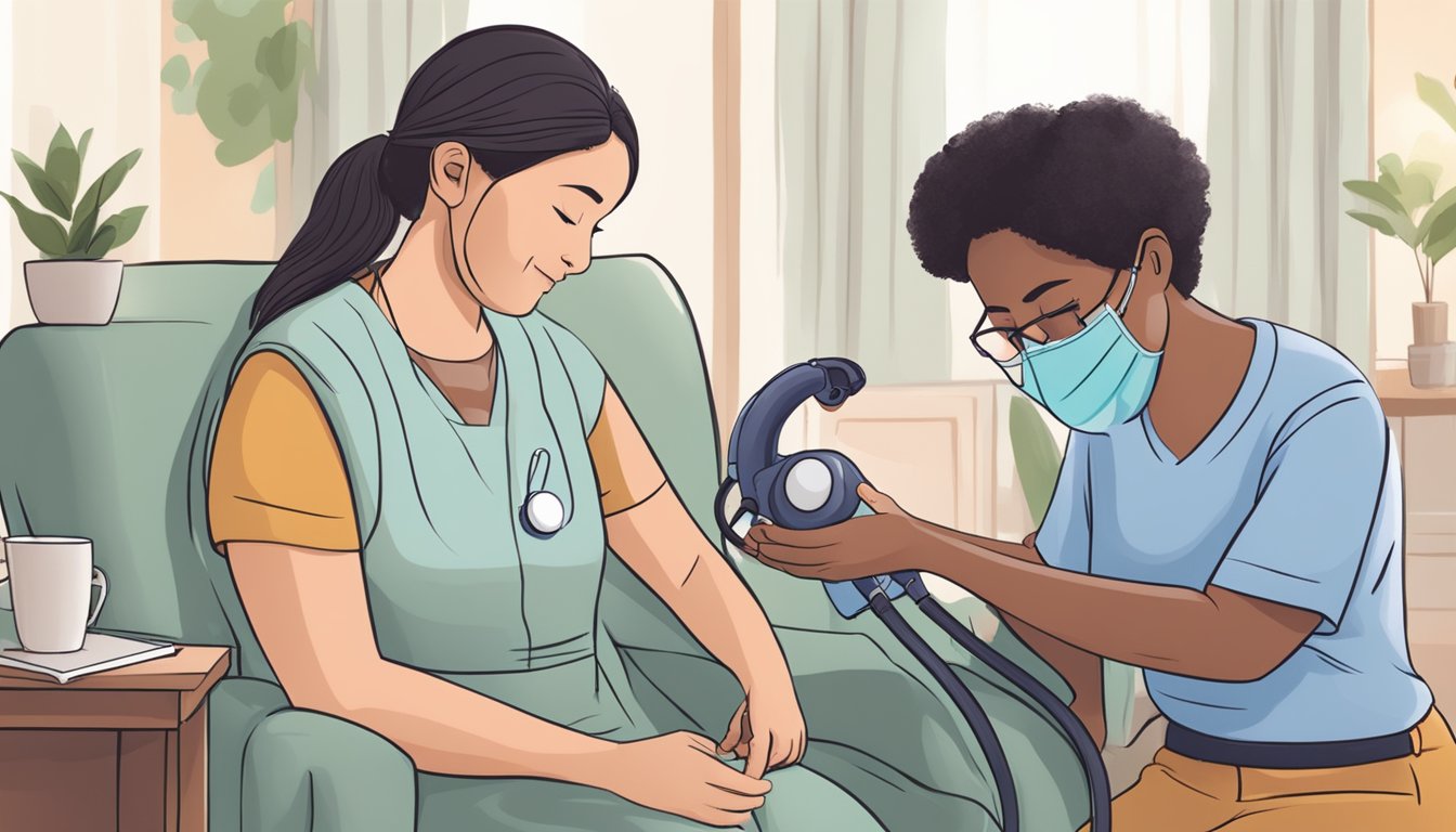 A home caregiver adjusting respiratory support equipment for a patient in a cozy living room setting