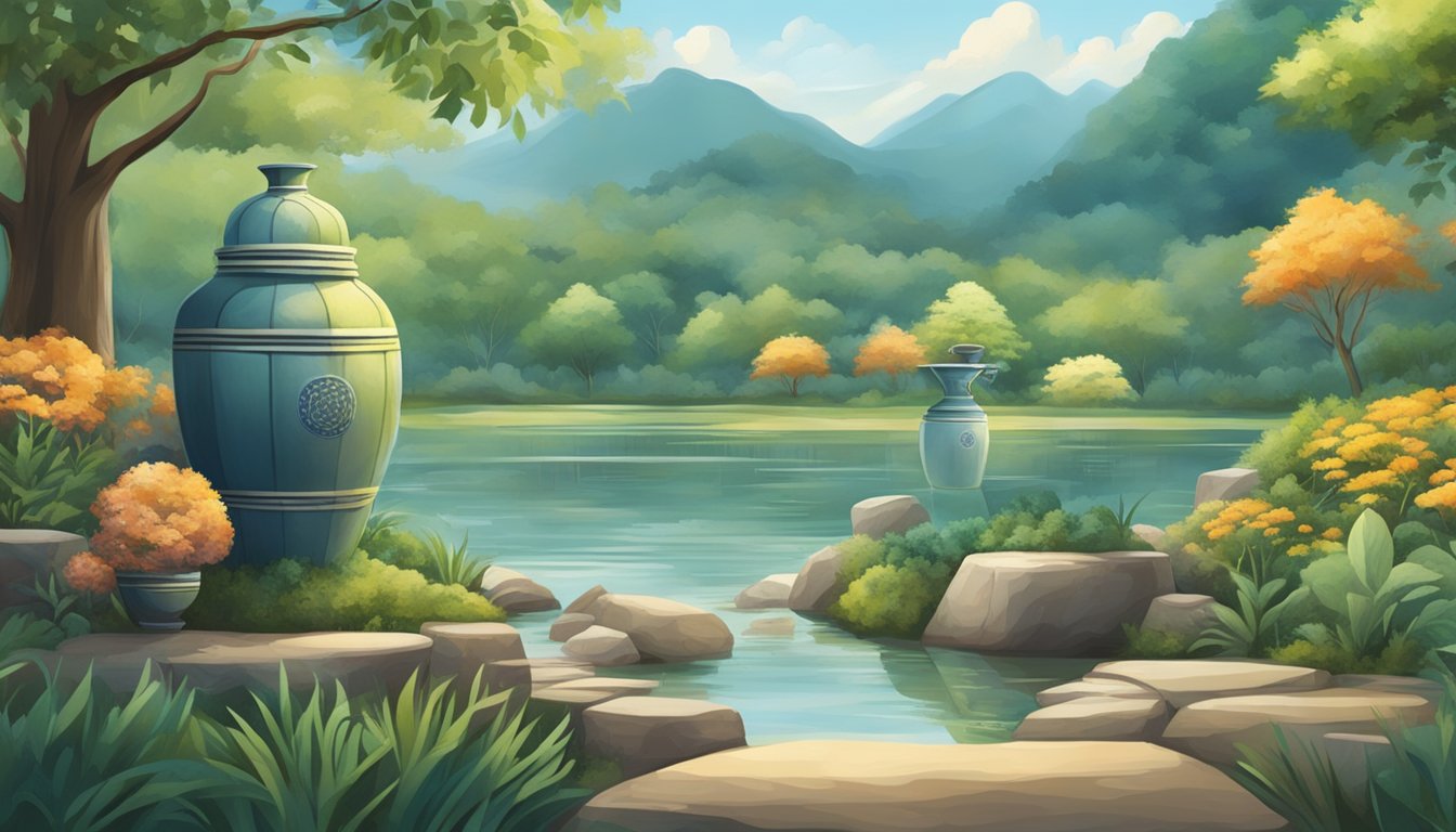 A serene landscape with water-soluble urns and containers placed in a natural setting, surrounded by symbols of cultural and spiritual significance