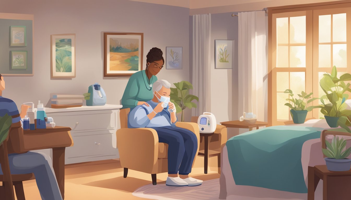 A caregiver uses a nebulizer to administer respiratory care to a patient in a cozy home setting