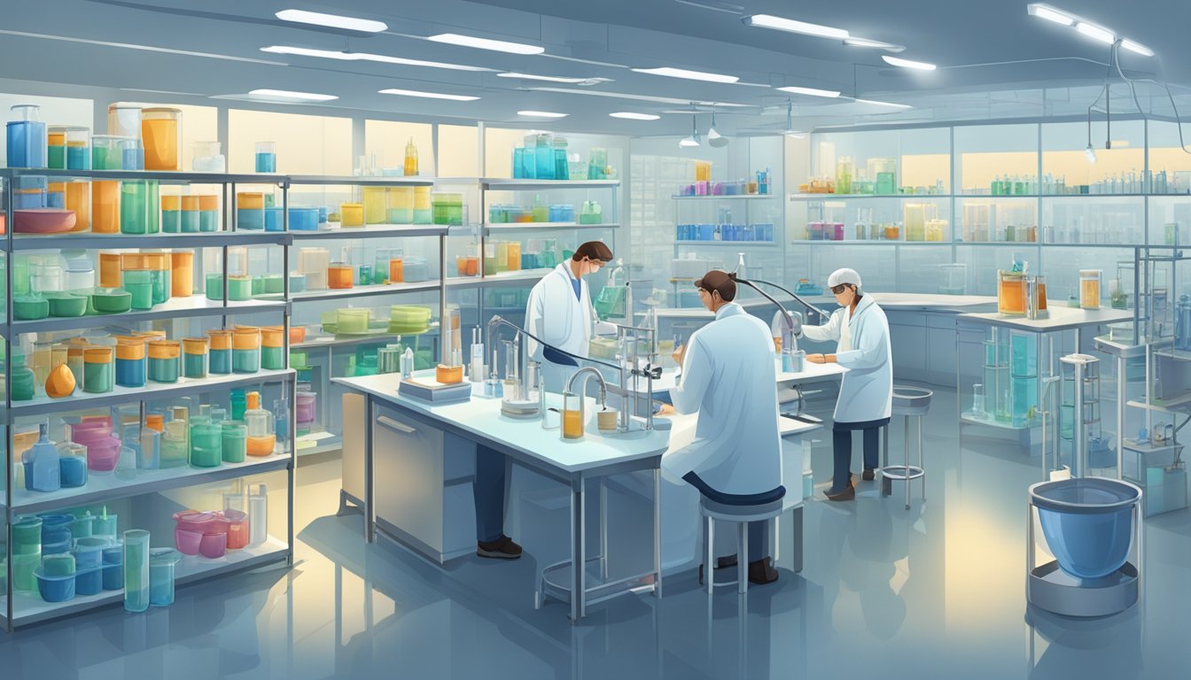 A laboratory setting with scientists conducting tests on water-soluble urns and containers, surrounded by shelves of innovative materials and legal documents