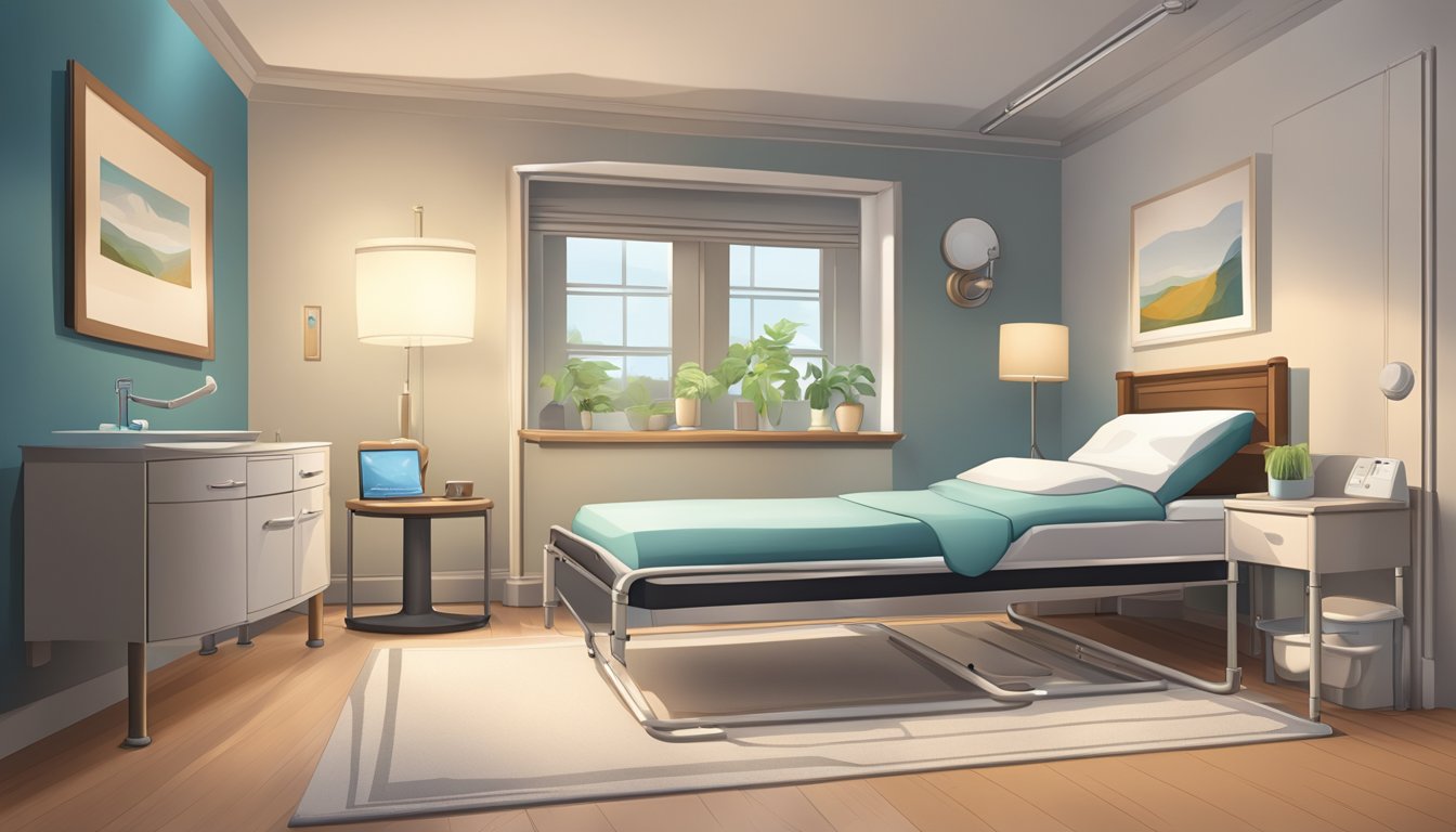 A bedroom with grab bars, a raised toilet seat, and a hospital bed with adjustable height and side rails. A nightstand holds a lamp and a phone