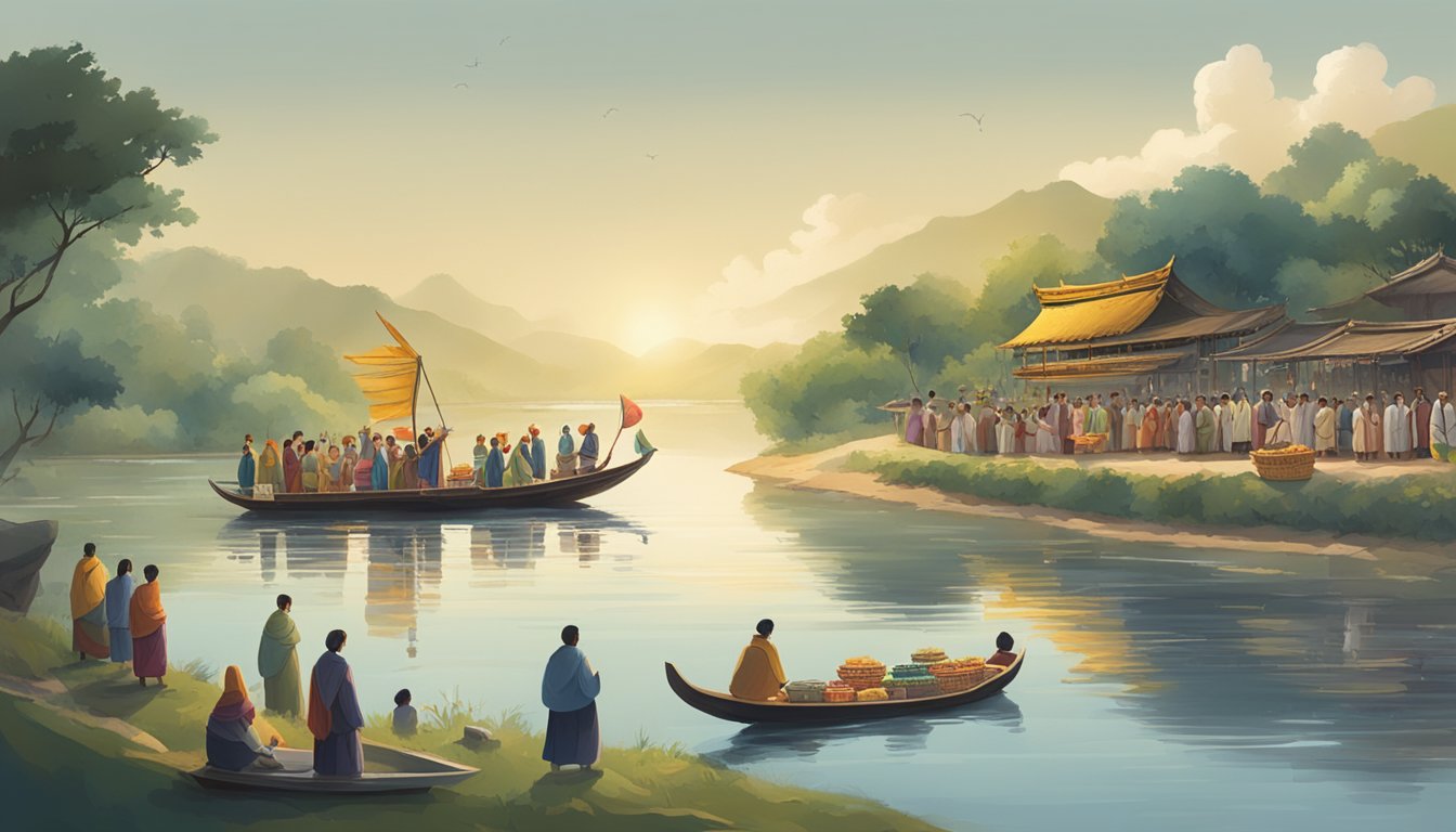 A serene riverbank with a traditional boat carrying offerings and a crowd of mourners watching from the shore