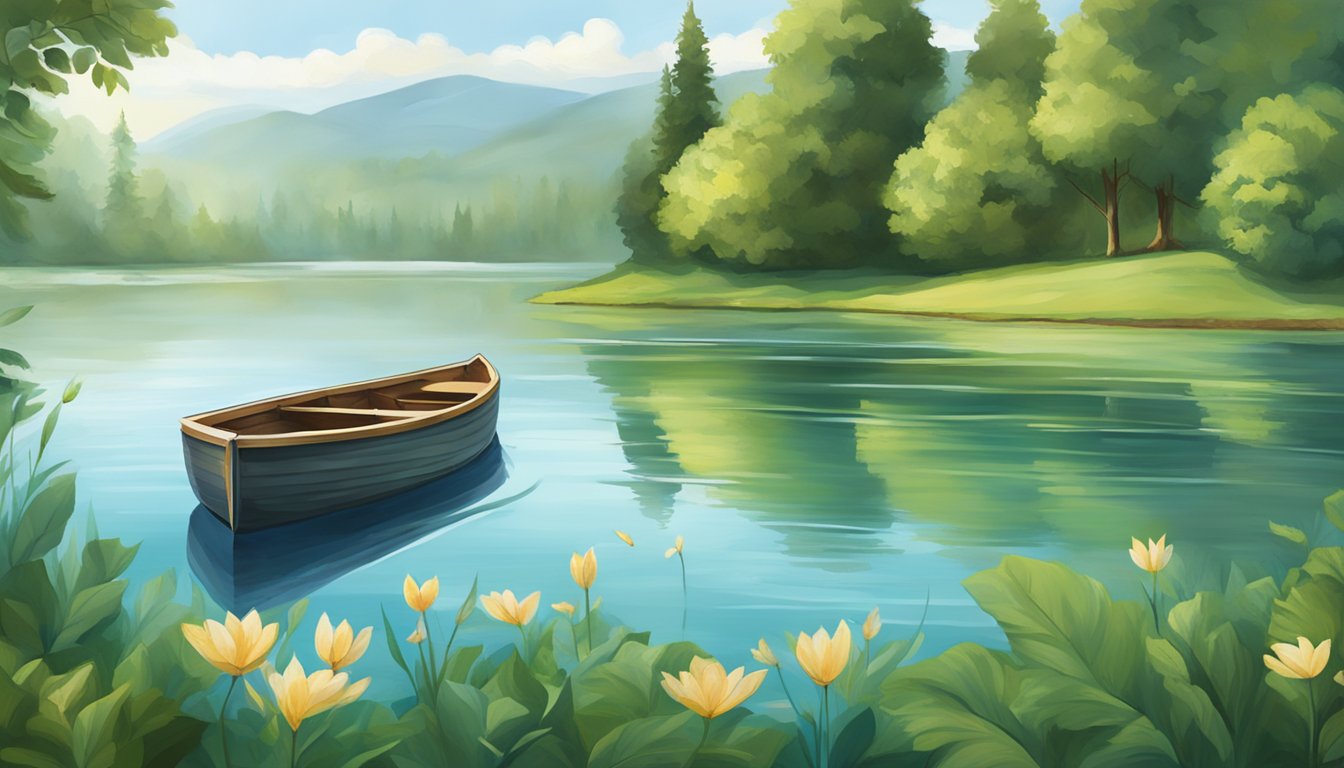 A serene lake surrounded by lush greenery, with a small boat gently releasing a biodegradable urn into the water