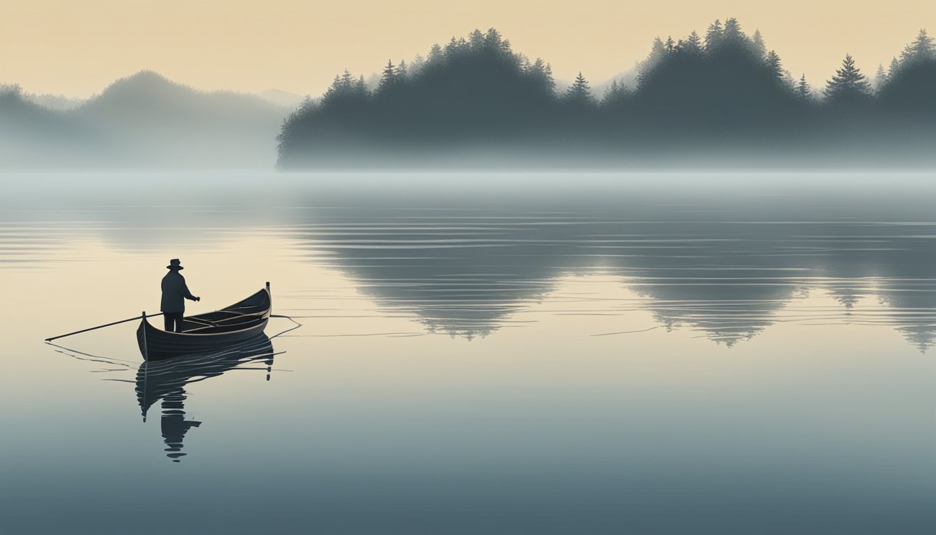 A lone boat drifts on a serene body of water, surrounded by mist and a sense of isolation. A figure in the distance releases a bundle into the water, creating ripples that disrupt the calm surface