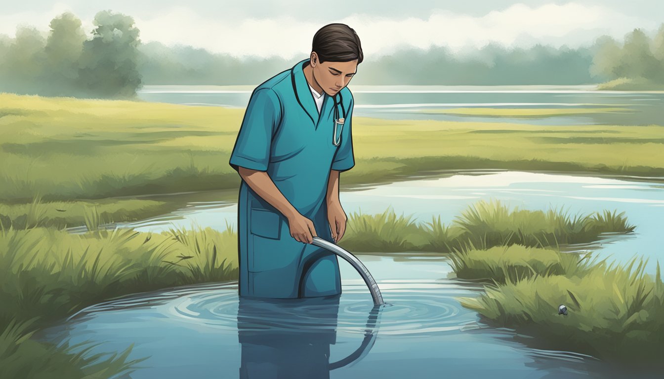 A healthcare professional observes a water burial, showing a pensive expression and a sense of contemplation