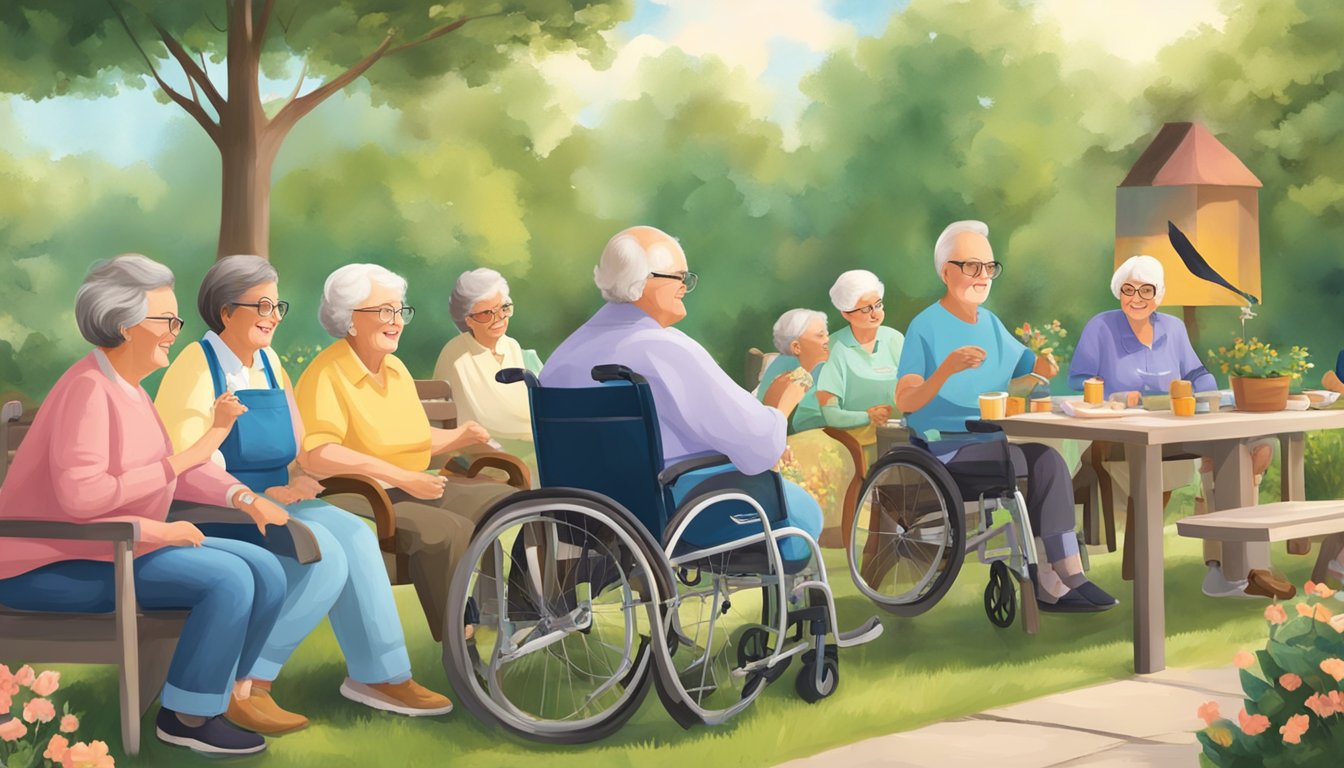 A group of home care clients with limited mobility are enjoying nature engagement activities in an outdoor setting, such as bird watching, gardening, or painting