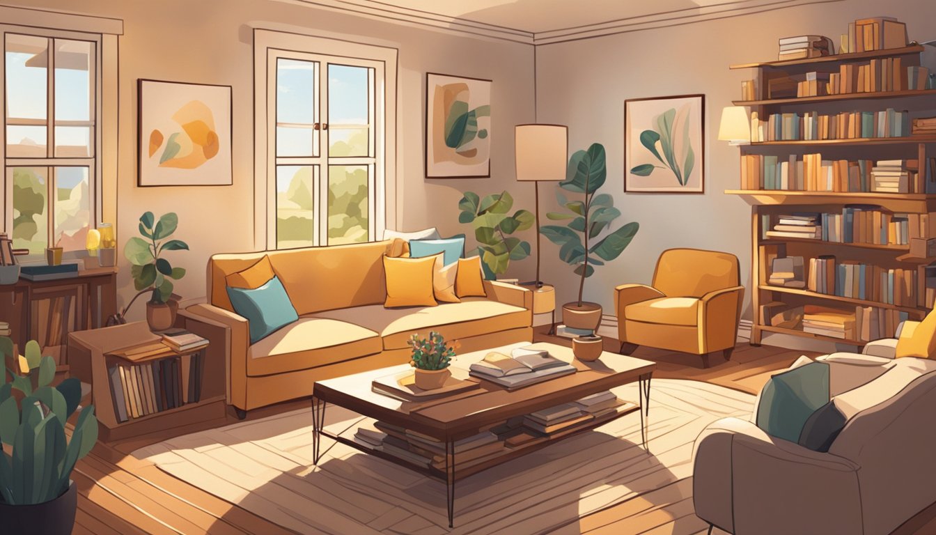 A cozy living room with a variety of stimulating activities such as puzzles, books, and art supplies scattered on a coffee table. A soft, warm light fills the room, creating a comfortable and inviting atmosphere