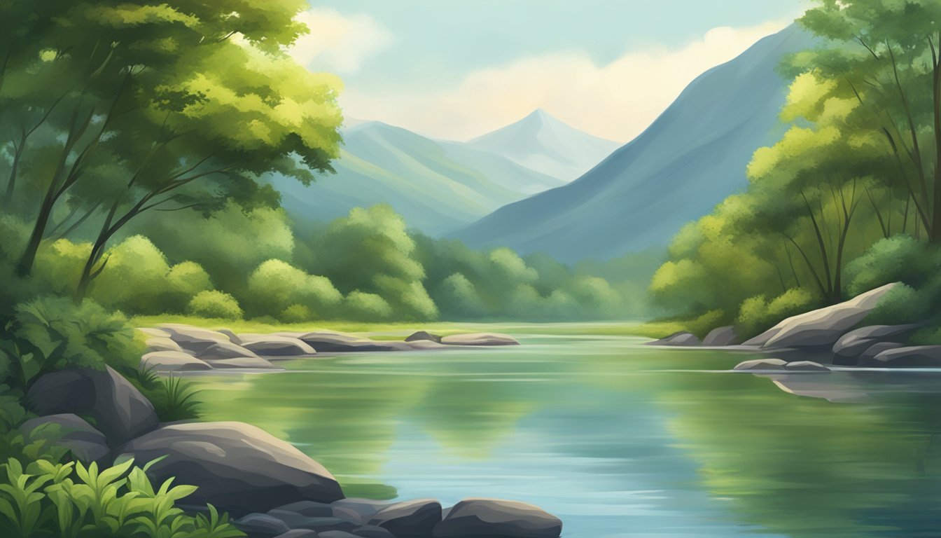 A serene riverbank with lush vegetation, a tranquil water surface, and a distant mountain backdrop