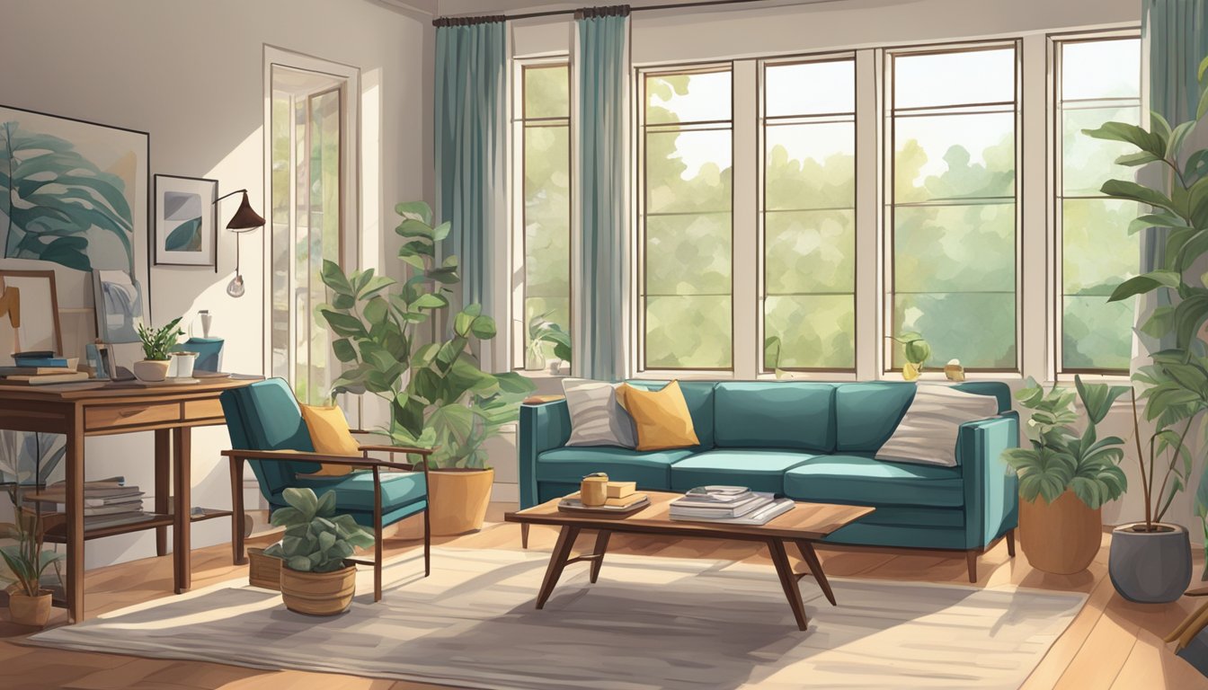 A cozy living room with a table filled with art supplies, a comfortable chair, and a large window letting in natural light