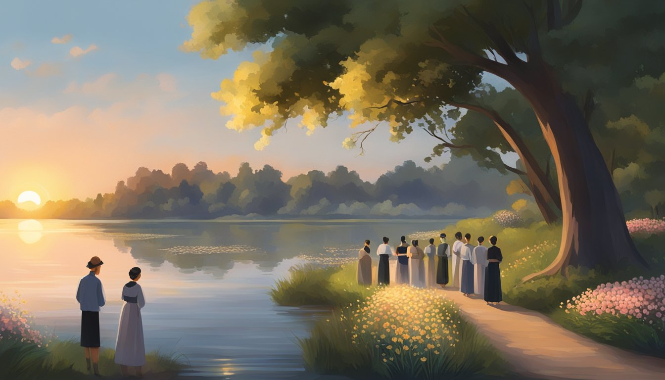 A serene riverbank with mourners gathered, flowers floating on the water. The setting sun casts a warm glow on the scene