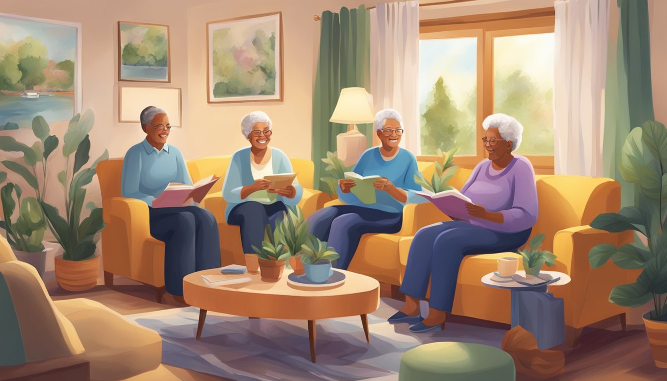 A group of home care clients participate in cultural and social activities, such as painting, music, and storytelling, in a cozy living room setting