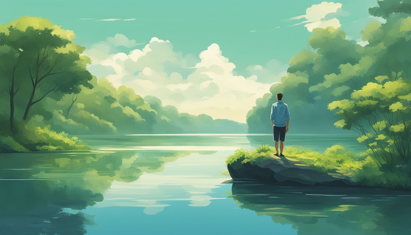 A figure stands on the edge of a serene body of water, surrounded by lush greenery. The water's surface is calm, reflecting the sky above