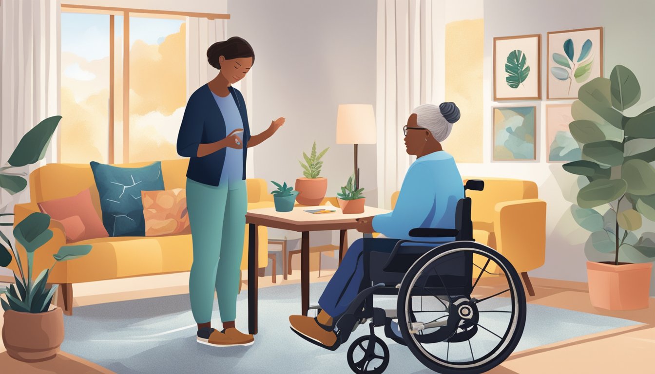 A cozy living room with a wheelchair-accessible table set with art supplies, puzzles, and a variety of sensory items. A caregiver is gently guiding a client in a wheelchair through a mindfulness exercise